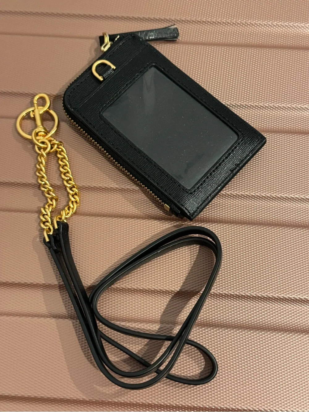 Tory Burch Black Leather Cardholder with Gold Chain Lanyard and Logo